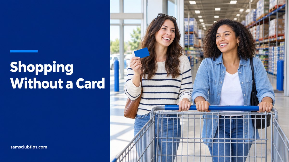 Two friends pushing a shopping cart into a bright warehouse store, one holding a plain blue card, with the headline Shopping Without a Card