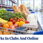 A shopping cart full of fresh produce, bread, eggs and milk in a bright warehouse store aisle, above the headline EBT Works In Clubs And Online