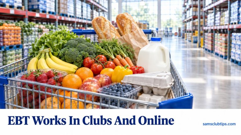 A shopping cart full of fresh produce, bread, eggs and milk in a bright warehouse store aisle, above the headline EBT Works In Clubs And Online