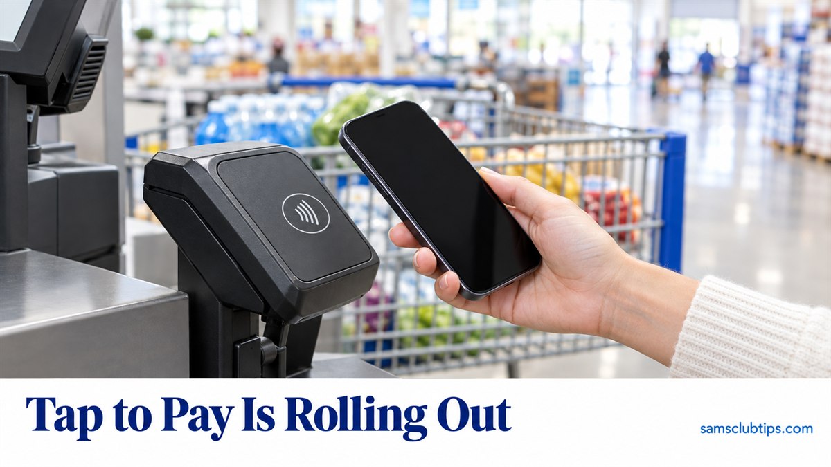 A hand holding a smartphone near a contactless card reader at a bright store checkout, with the headline Tap to Pay Is Rolling Out