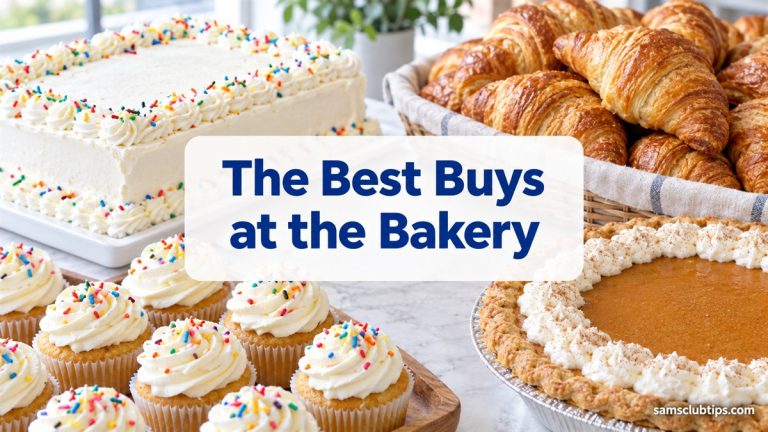 Frosted sheet cake, cupcakes with sprinkles, croissants and a pumpkin pie, with the headline The Best Buys at the Bakery
