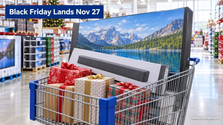 A shopping cart holding a boxed TV, a soundbar and wrapped gifts in a warehouse store aisle, with the headline Black Friday Lands Nov 27