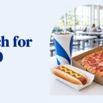 A hot dog with mustard, a blue and white soda cup and a whole pepperoni pizza on a food court table, beside the headline Lunch for $1.50