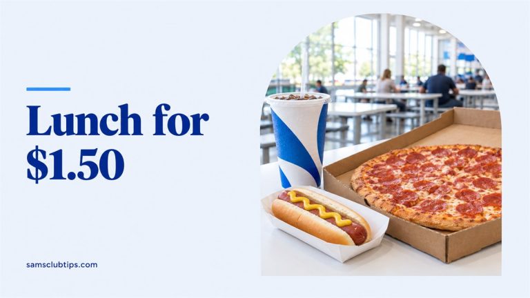 A hot dog with mustard, a blue and white soda cup and a whole pepperoni pizza on a food court table, beside the headline Lunch for $1.50