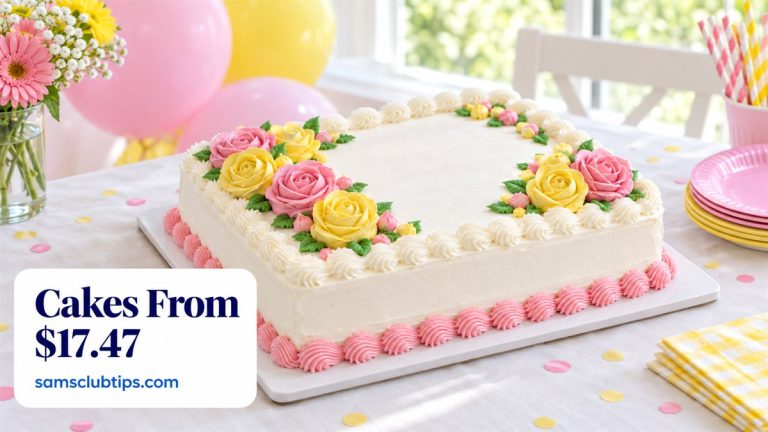 A white sheet cake decorated with pink and yellow buttercream roses on a party table with balloons, with the headline Cakes From $17.47