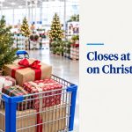 A shopping cart with a small potted Christmas tree and wrapped gifts in a decorated warehouse store, next to the headline Closes at 6 p.m. on Christmas Eve