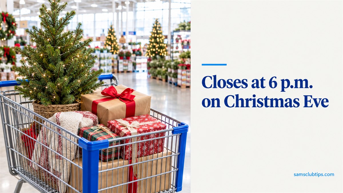 A shopping cart with a small potted Christmas tree and wrapped gifts in a decorated warehouse store, next to the headline Closes at 6 p.m. on Christmas Eve
