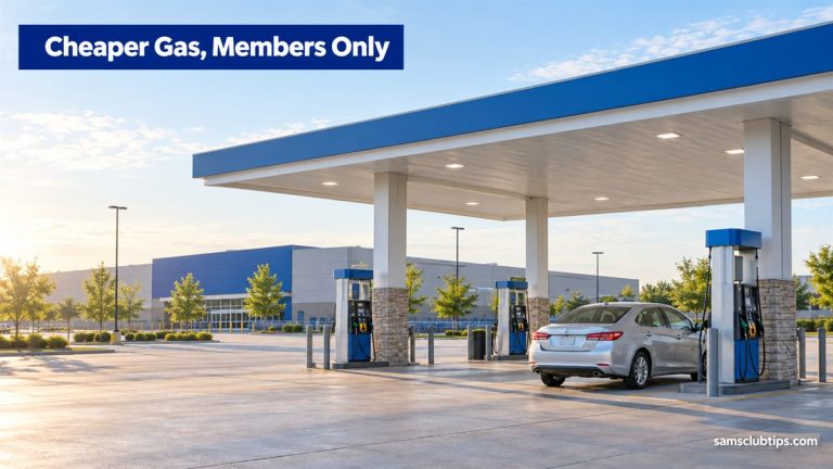 A silver car at a pump under a clean fuel station canopy in early morning light, with the headline Cheaper Gas, Members Only