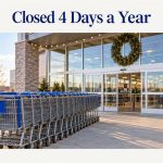 Shopping carts lined up outside a warehouse store entrance with a holiday wreath and string lights, under the headline Closed 4 Days a Year