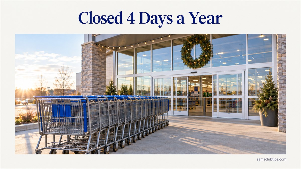 Shopping carts lined up outside a warehouse store entrance with a holiday wreath and string lights, under the headline Closed 4 Days a Year
