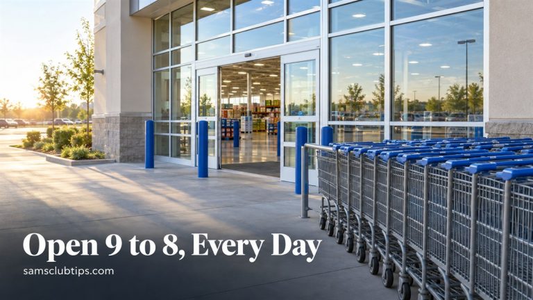 Warehouse store entrance with a row of blue shopping carts at sunrise, with the headline Open 9 to 8, Every Day