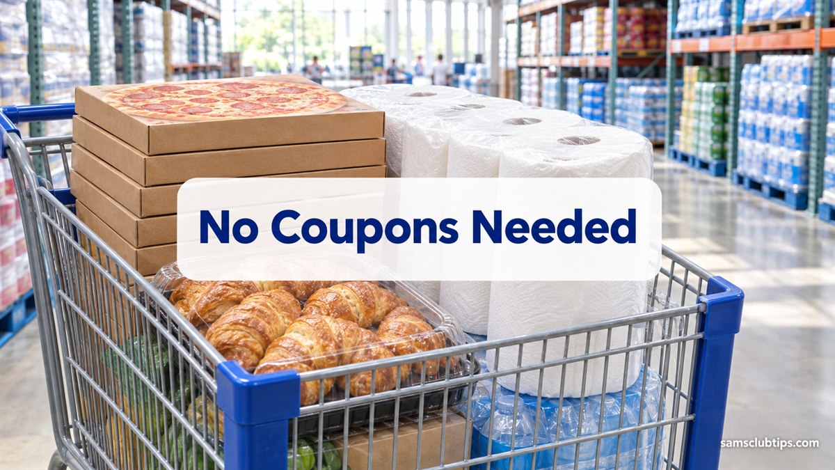A shopping cart loaded with pizza boxes, croissants and paper towels in a bright warehouse store aisle, with the headline No Coupons Needed