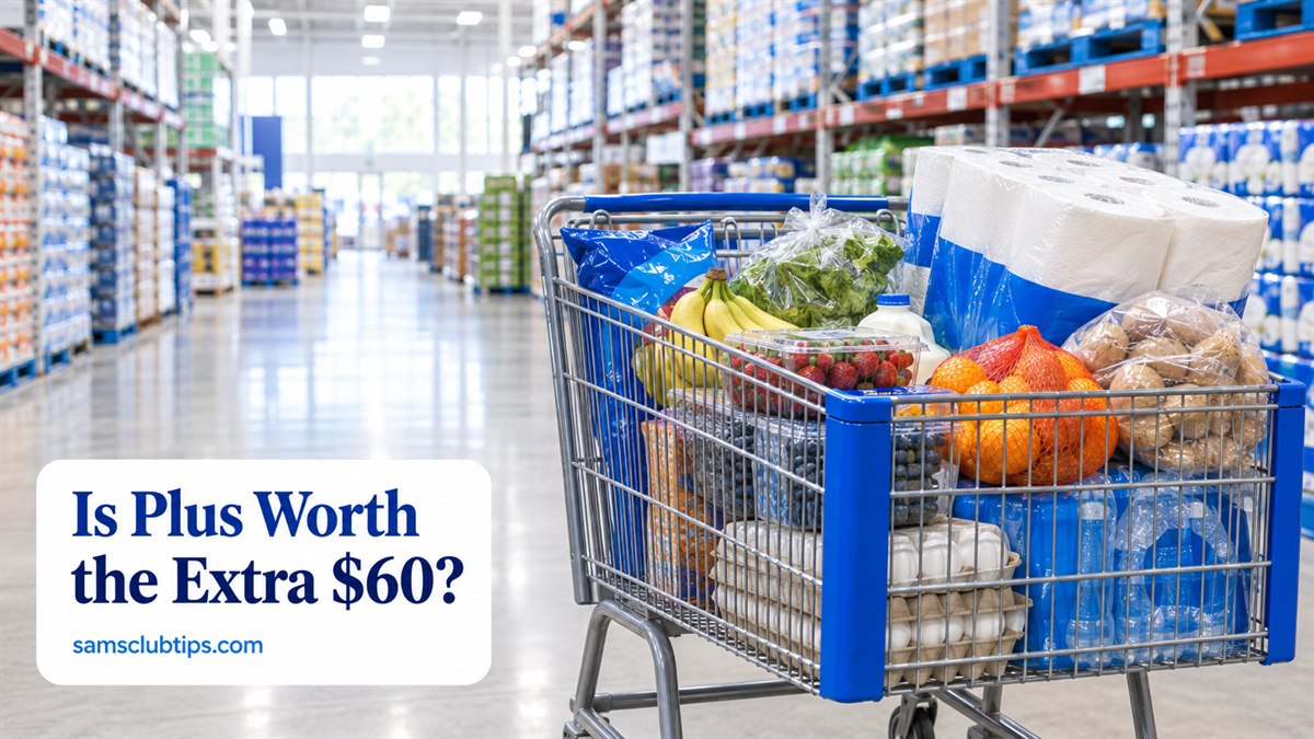 Shopping cart full of groceries and paper towels in a bright warehouse store aisle, with the headline Is Plus Worth the Extra $60?