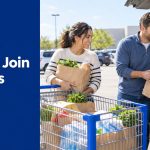A couple loading grocery bags from a shopping cart into an SUV in a sunny parking lot, beside the headline How to Join for Less