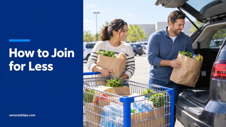 A couple loading grocery bags from a shopping cart into an SUV in a sunny parking lot, beside the headline How to Join for Less