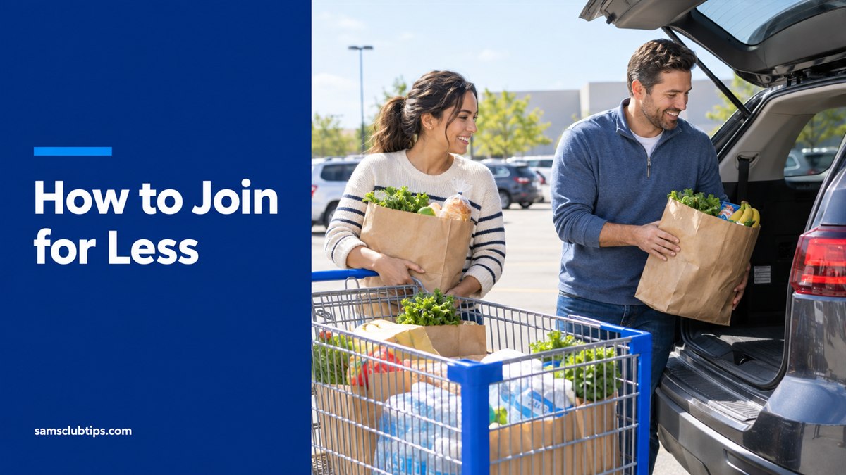 A couple loading grocery bags from a shopping cart into an SUV in a sunny parking lot, beside the headline How to Join for Less