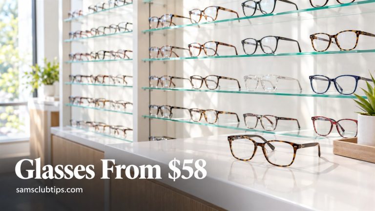 A bright optical shop wall of eyeglass frames on glass shelves with a pair on the counter, under the headline Glasses From $58