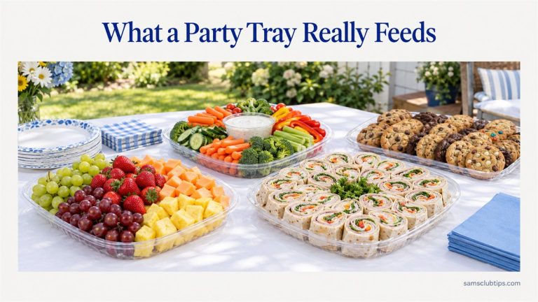 A buffet table with a fresh fruit tray, a vegetable tray with ranch dip, pinwheel wraps and a cookie platter, with the headline What a Party Tray Really Feeds