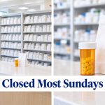 A pharmacy counter with shelves of white prescription bags beside a close-up of an amber pill bottle and a white bag, with the headline Closed Most Sundays