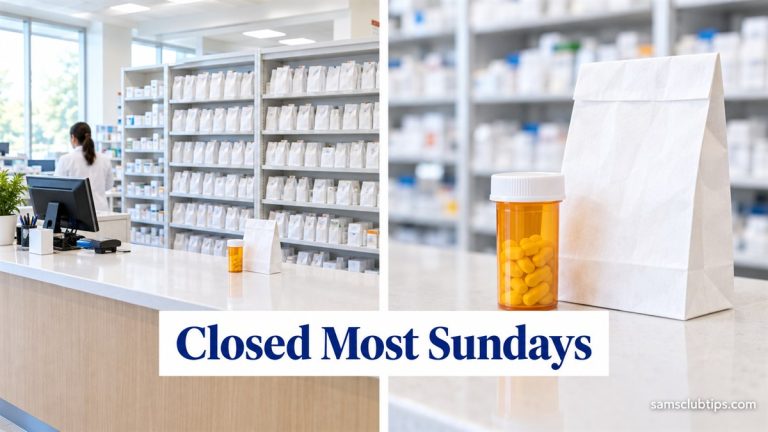 A pharmacy counter with shelves of white prescription bags beside a close-up of an amber pill bottle and a white bag, with the headline Closed Most Sundays