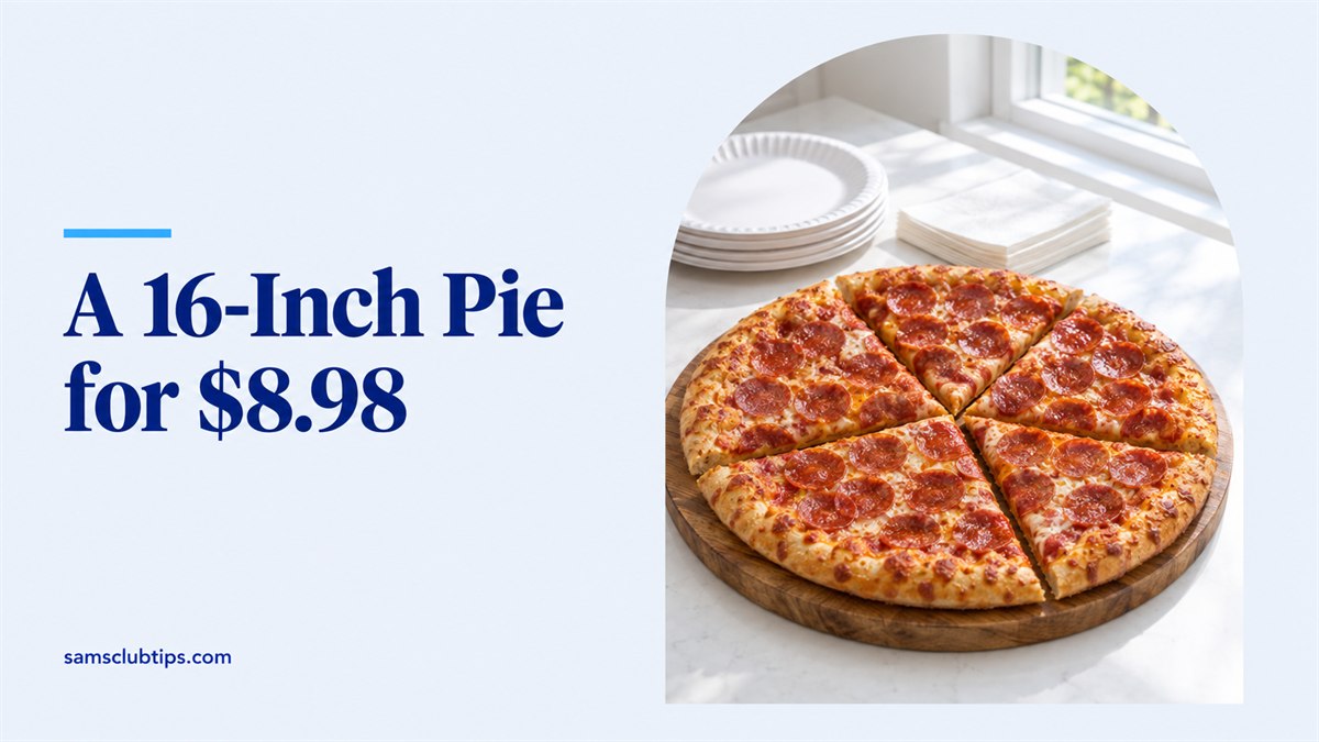 A whole pepperoni pizza cut into five large slices on a wooden board in a bright kitchen, with the headline A 16-Inch Pie for $8.98
