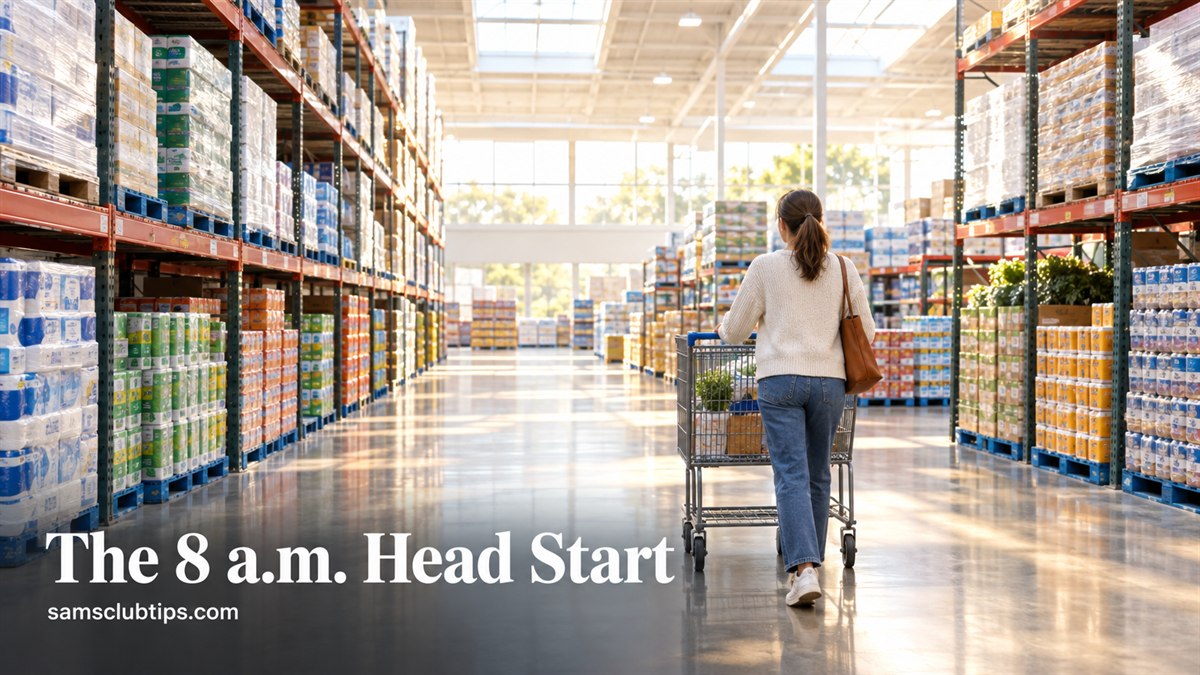 A shopper pushing a cart down a quiet, bright warehouse store aisle in soft morning light, with the headline The 8 a.m. Head Start