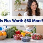 A smiling woman unpacking a grocery delivery of fresh produce on a kitchen counter, with the headline Is Plus Worth $60 More?