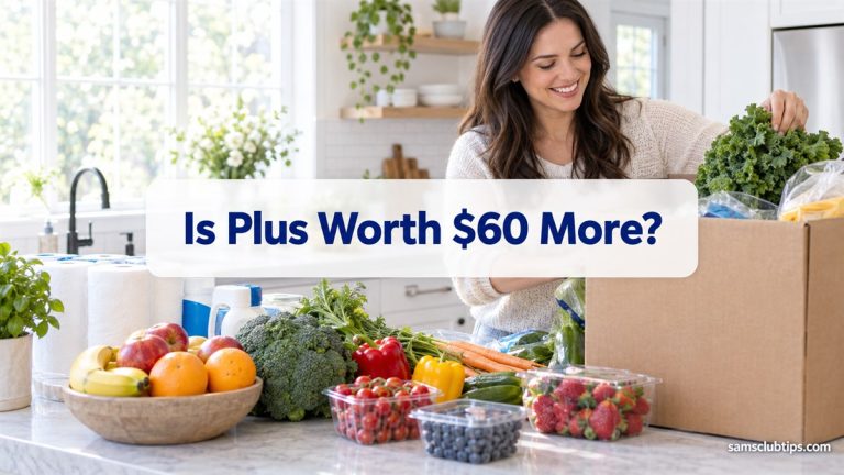 A smiling woman unpacking a grocery delivery of fresh produce on a kitchen counter, with the headline Is Plus Worth $60 More?