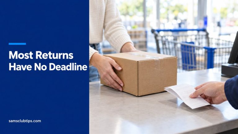 Hands passing a cardboard box and a receipt across a store service counter, with the headline Most Returns Have No Deadline