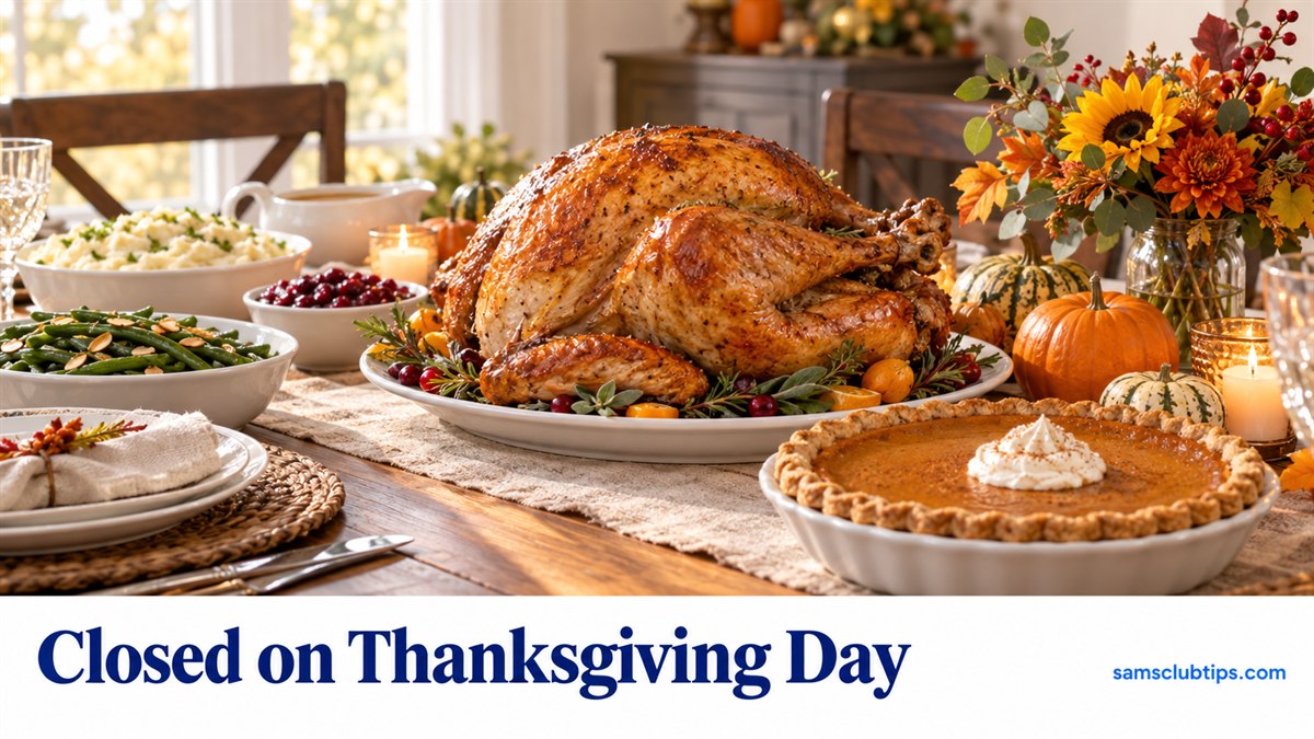 Thanksgiving table with a roast turkey, pumpkin pie and side dishes, with the headline Closed on Thanksgiving Day