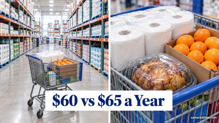 A shopping cart in a bright warehouse store aisle beside a close-up of paper towels, oranges and a rotisserie chicken in the cart, with the headline $60 vs $65 a Year