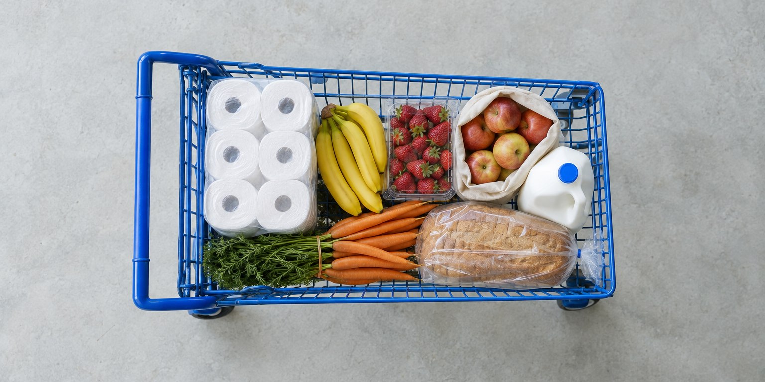 Overhead view of a blue shopping cart with paper towels, bananas, strawberries, apples, carrots, milk and bread on a gray concrete floor