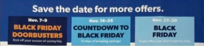 Top of the 2025 Sam's Club ad reading save the date for more offers, with Black Friday Doorbusters November 7 to 9, Countdown to Black Friday November 16 to 26 and Black Friday November 27 to 30