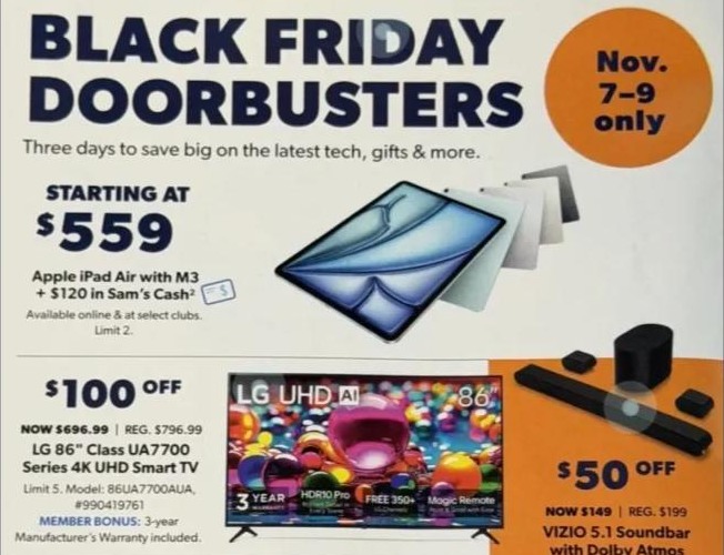2025 Sam's Club Black Friday Doorbusters page with an Apple iPad Air from $559 plus $120 in Sam's Cash, an LG 86 inch TV for $100 off and a VIZIO soundbar for $50 off