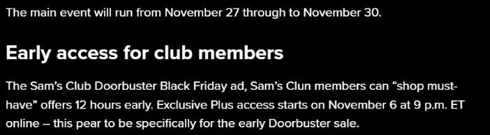 9to5Toys article text saying the 2025 Sam's Club Black Friday main event ran November 27 to 30, with Plus members getting early online access