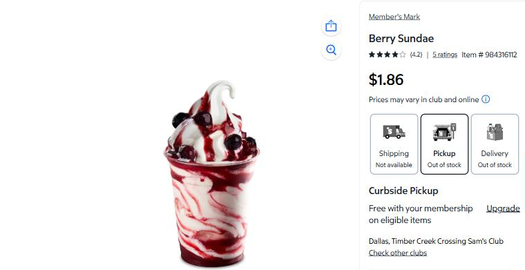 Sam's Club listing for the Berry Sundae at $1.86, with pickup and delivery shown as out of stock
