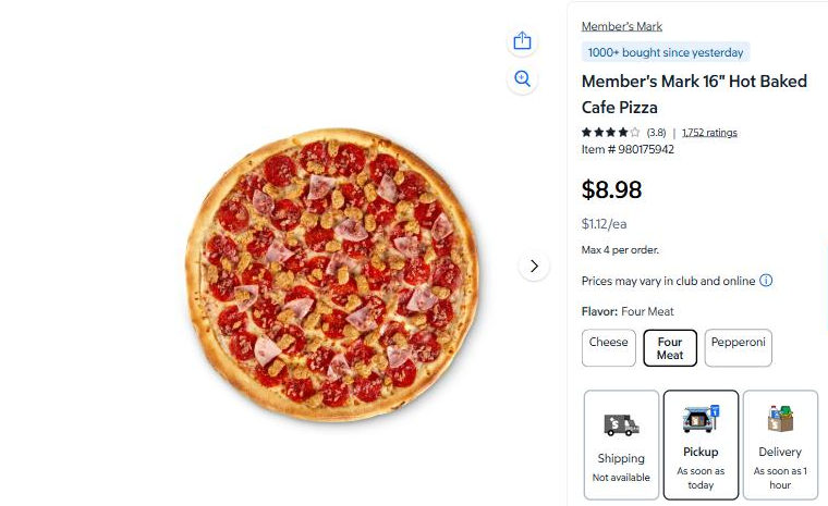 Sam's Club listing for the Member's Mark 16 inch Hot Baked Cafe Pizza at $8.98, with cheese, four meat and pepperoni flavors and a limit of four per order