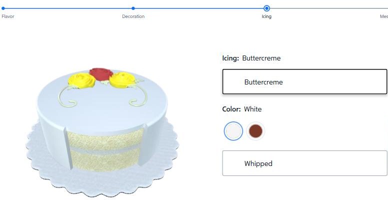 Sam's Club online cake builder on the icing step, showing a 10-inch round with roses and a choice of buttercreme icing in white or chocolate or whipped icing