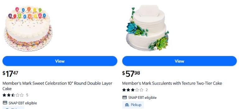 Sam's Club listings for the Sweet Celebration 10 inch round double layer cake at $17.47 and the Succulents with Texture two-tier cake at $57.98