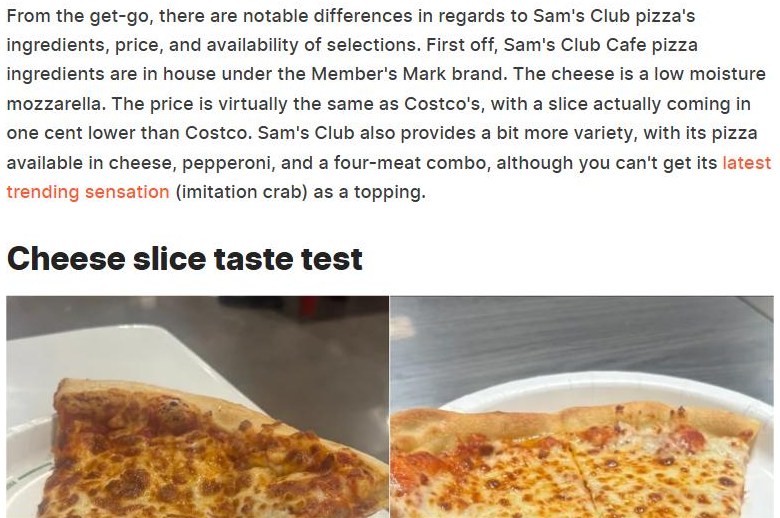 Chowhound article comparing Sam's Club and Costco food court pizza, noting a Sam's Club slice costs one cent less than Costco's and comes in cheese, pepperoni and four meat