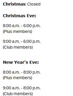 Sam's Club holiday schedule showing Christmas closed, Christmas Eve from 8 a.m. for Plus and 9 a.m. for Club members until 6 p.m., and New Year's Eve until 8 p.m.