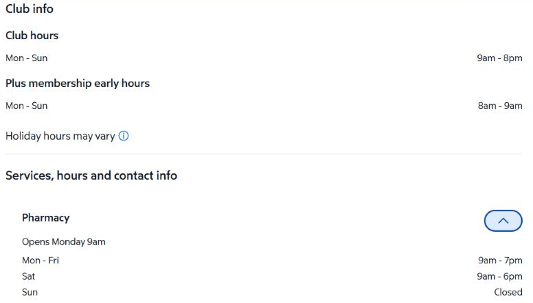 Sam's Club page for a San Antonio club showing club hours of 9am to 8pm, Plus early hours from 8am and pharmacy hours that end at 7pm on weekdays, 6pm on Saturday and closed on Sunday