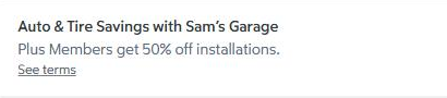 Sam's Club membership comparison row for Auto and Tire Savings with Sam's Garage, saying Plus members get 50% off installations