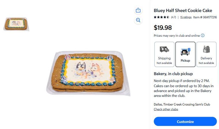 Sam's Club listing for the Bluey Half Sheet Cookie Cake at $19.98, pickup only, with next-day pickup for orders placed by 2 p.m.