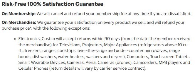 Costco return policy text giving 90 days for electronics including televisions, computers, major appliances and cellular phones