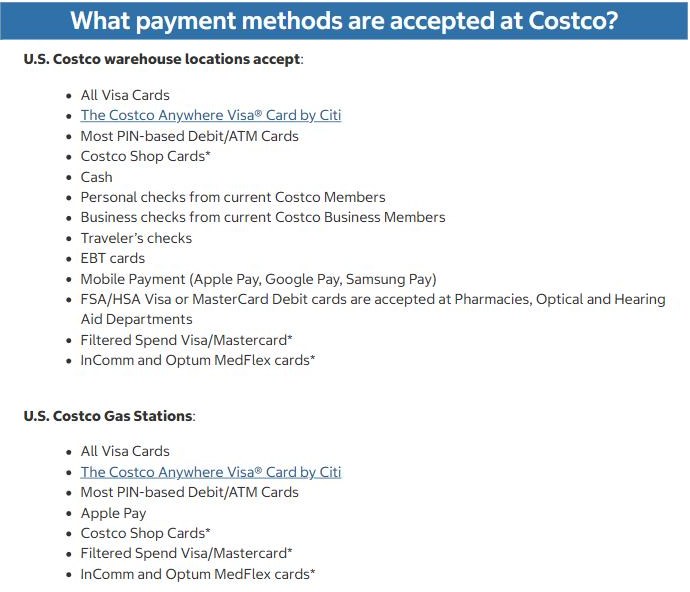 Costco customer service page listing accepted payment methods: all Visa cards, debit cards, Shop Cards, cash, checks, EBT and mobile payment in warehouses, and Visa and Mastercard on Costco.com