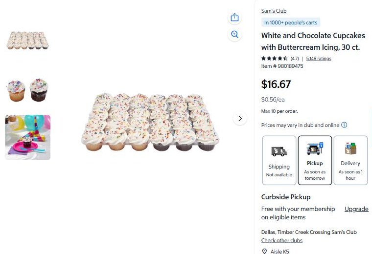 Sam's Club listing for 30 white and chocolate cupcakes with buttercream icing at $16.67, with pickup as soon as tomorrow and delivery as soon as one hour