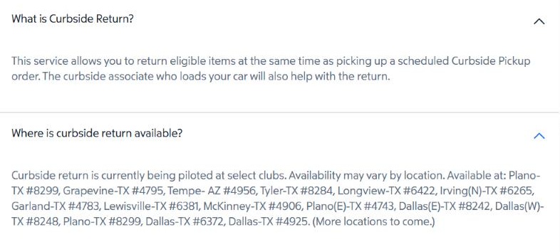 Sam's Club curbside returns answers listing the pilot clubs in Plano, Grapevine, Tyler, Longview, Irving, Garland, Lewisville, McKinney, Dallas and Tempe