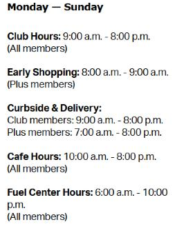 Sam's Club hours page listing Monday to Sunday hours for the club, Plus early shopping, curbside and delivery, the Cafe and the fuel center