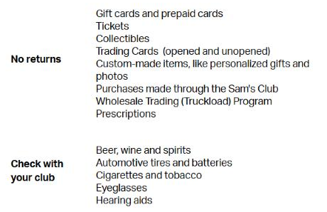 Sam's Club list of items with no returns, such as gift cards, tickets and prescriptions, and items to check with your club, such as alcohol, tires and hearing aids